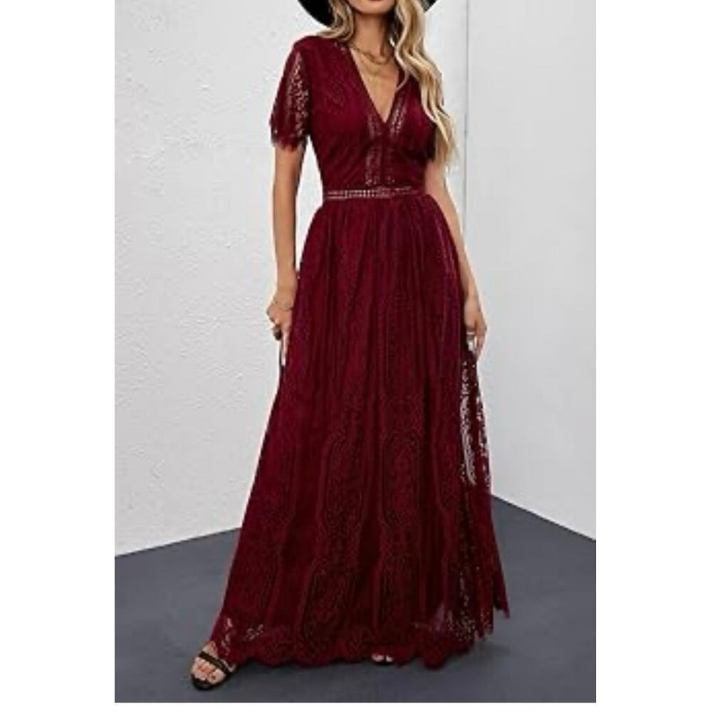 Burgundy Lace Overlay V Neck Flutter Sleeve Flowy Maxi Dress Med Whimsigoth